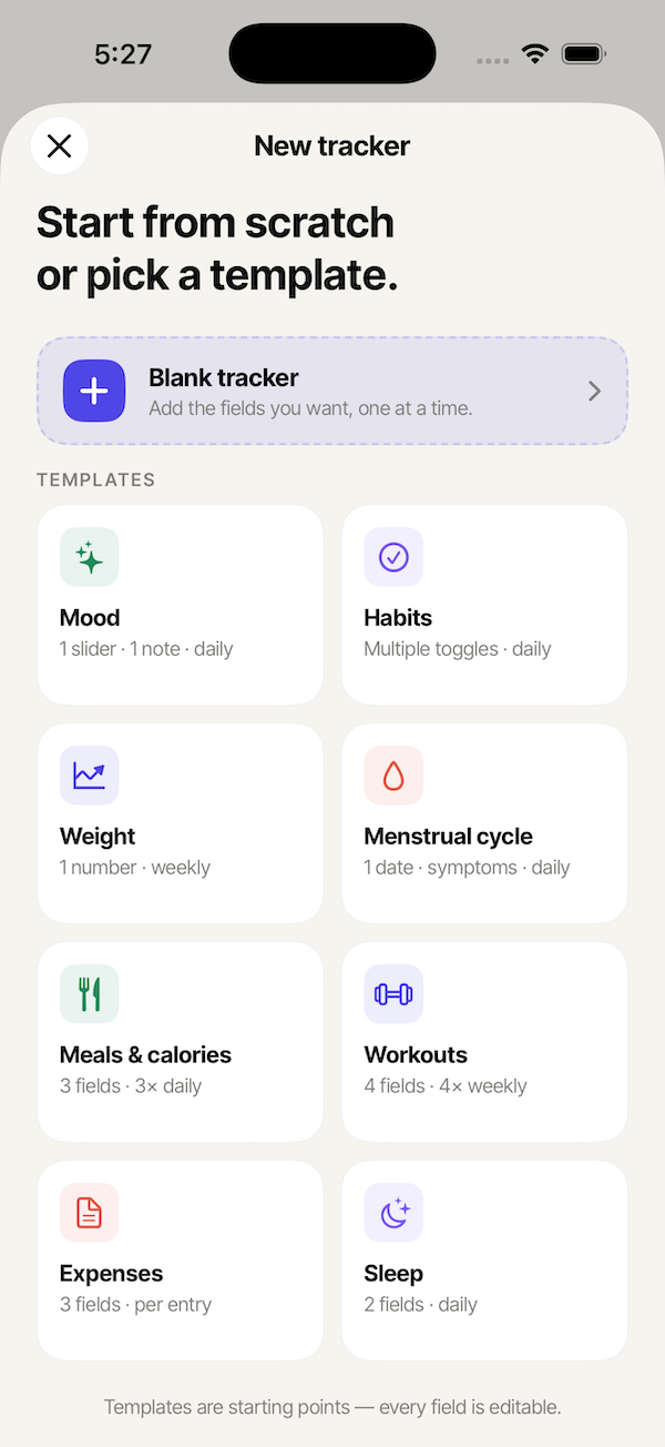 Trackr app — choose a tracker template